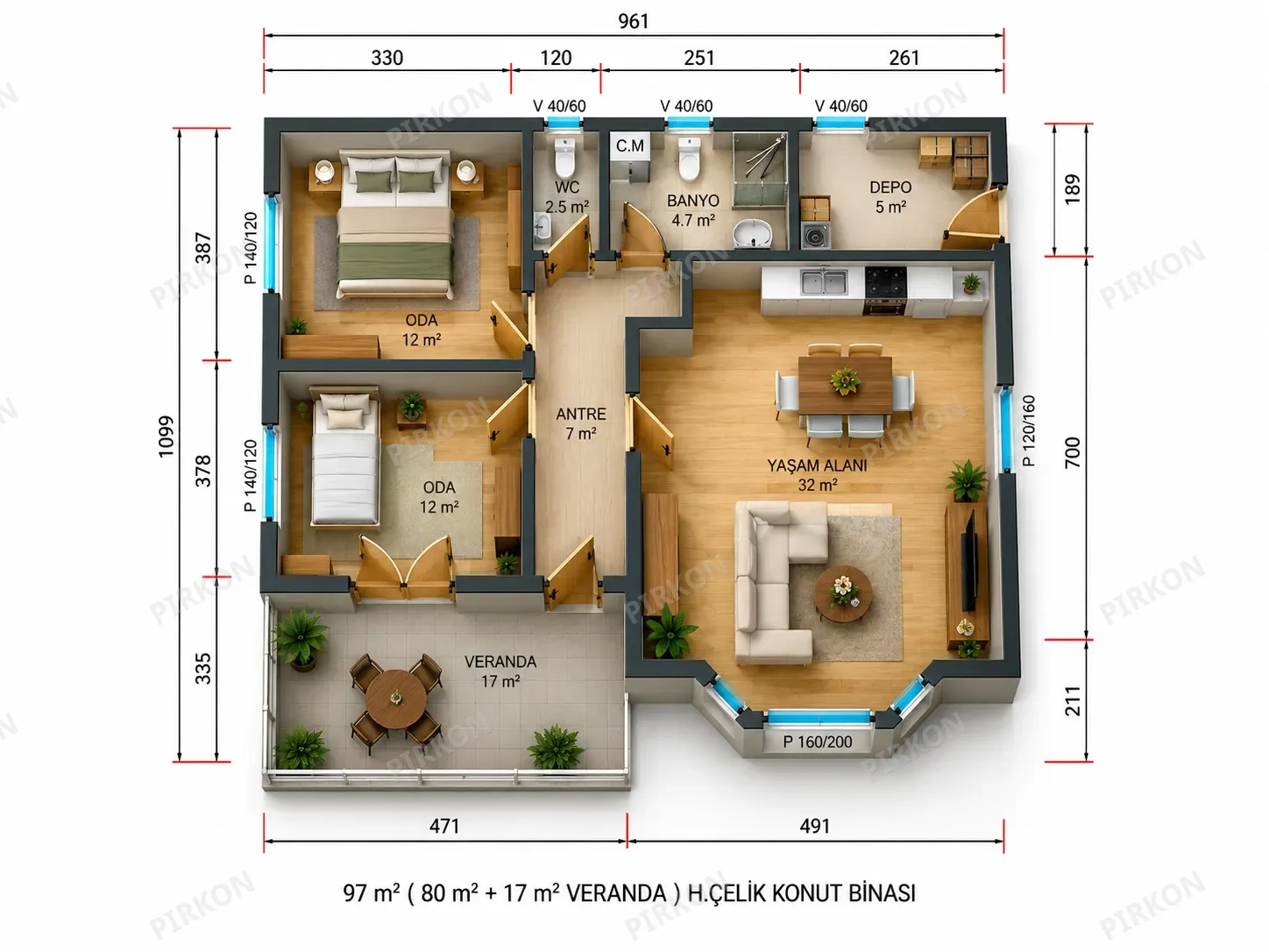 97 m² Tek Katlı  Hafif Çelik Villa